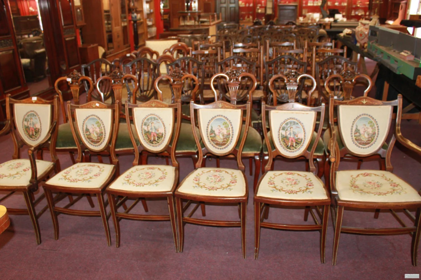 Rows of mahogany Edwardian salon chairs with needlework seats and painted oval backs, on a carpeted saleroom floor
